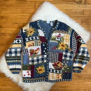 Vintage cottagecore farm scene knit cardigan